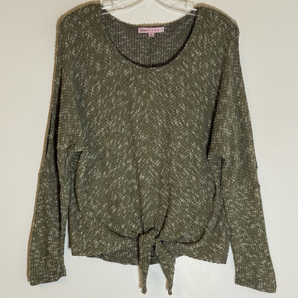 Crave Fame Sweater Womens Large Green Space Dye Tie Front Cold Shoulder Top Fun